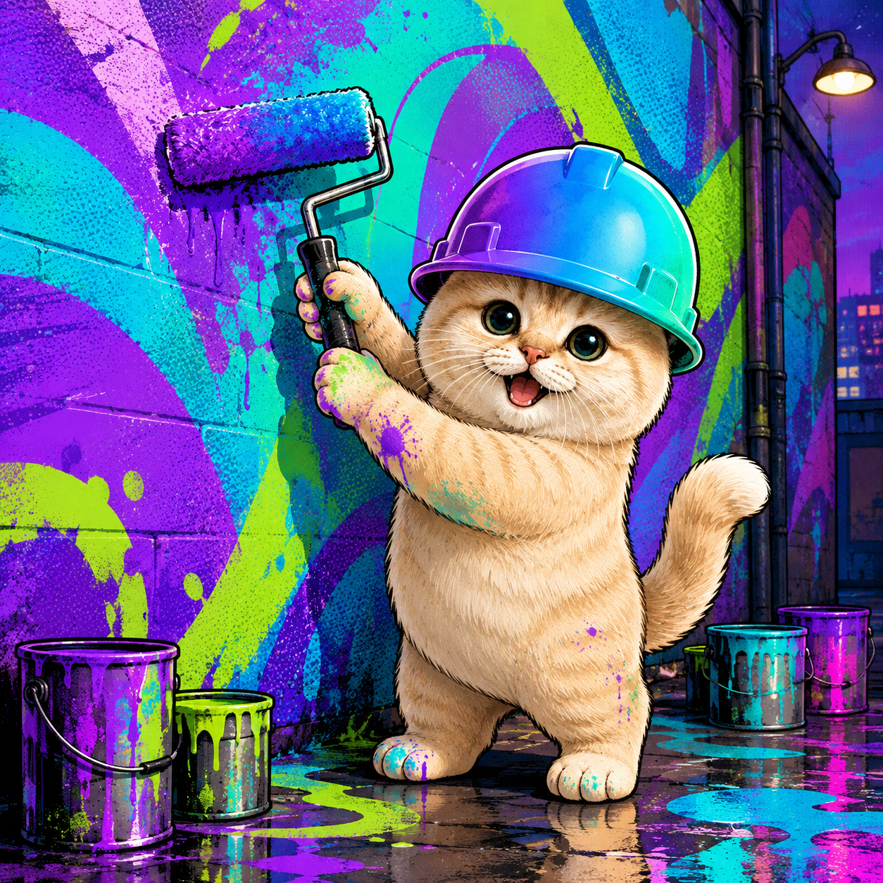 SolCat painting a graffiti wall in Solana colors