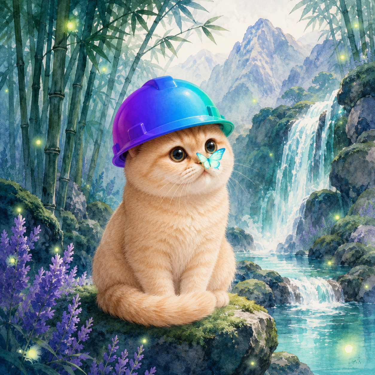 SolCat resting in a watercolor bamboo forest